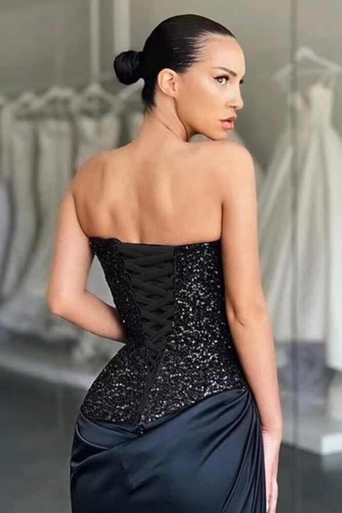 Glitter Sequin Prom Dresses 2025 Mermaid Slit Satin Evening Dress Sparkly Stretch Formal Wedding Gown with Train DR0076