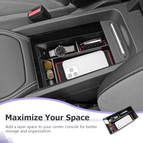 Image of LUWU 2024 Mustang Mach E Center Console Organizer for 2021-2024 Ford Mustang Mach E Select /Premium /GT Accessories Armrest Console Storage Box Glove Organizer Tray ABS Material (Red)