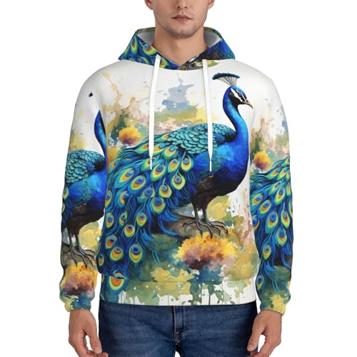 Men's Fleece Pullover Hoodie Long Sleeve Hooded Peacock Watercolor Painting Sweatshirt Casual Shirts With Pockets2