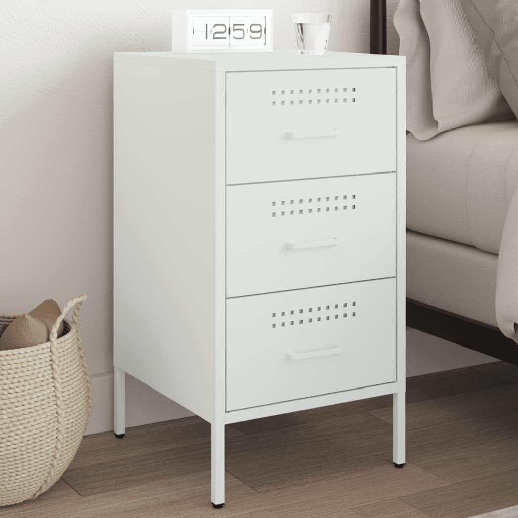 Table de chevet blanche en acier à 3 tiroirs | Meuble industriel stable pour chambre et salon