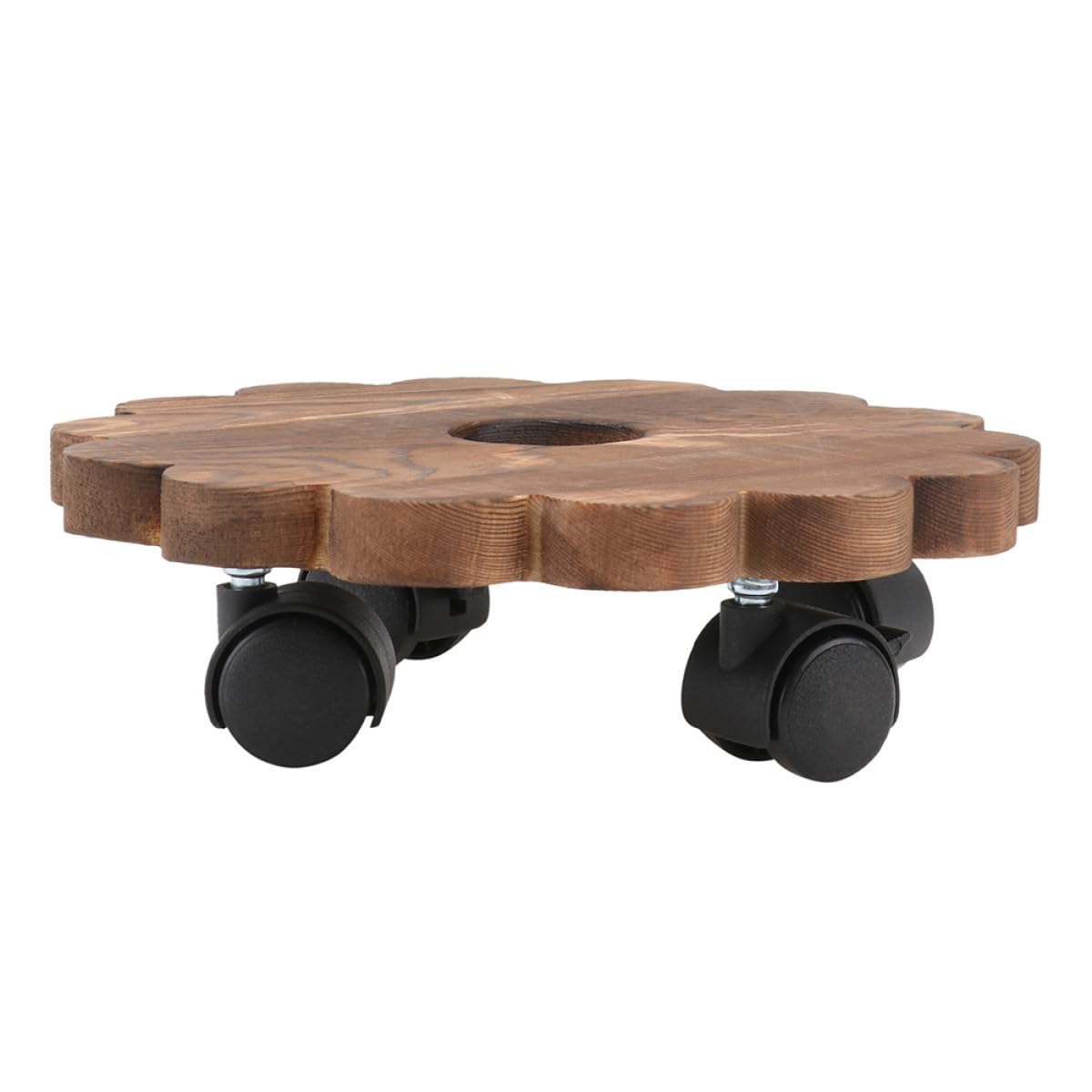 Plateau rond en bois marron à roulettes pour pot de fleurs et plantes