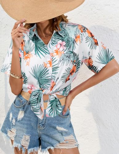 Image of ASTANFY Hawaiian Shirt Women Hawaii T-Shirt Tropical Floral Printed V Neck Shirts Soft Cool Summer Beach Button Up Blouse
