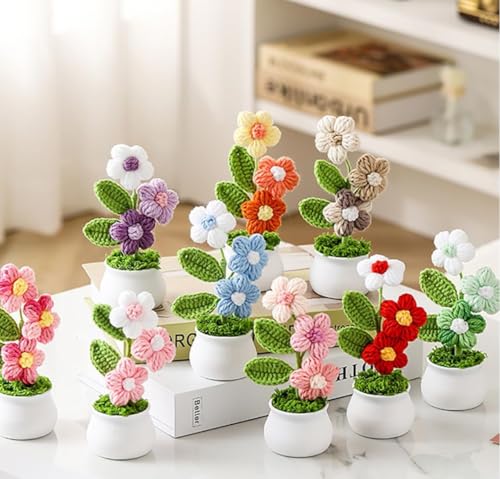 Image of VRB DecTM 1 Pcs Crochet Flowers Artificial Daisy for Office Desk Car Dashboard Decor,Home Decoration, Office, Bedroom, Christmas Decor, Wedding,Diwali (Triple Blue Daisy with Pot)