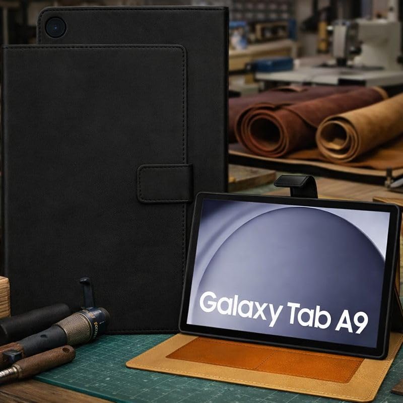 Image of Cover for Samsung Galaxy Tab A9 8.7 Inch, Flip Stand Case, Dark Brown, Leather, Stand Function (Black)
