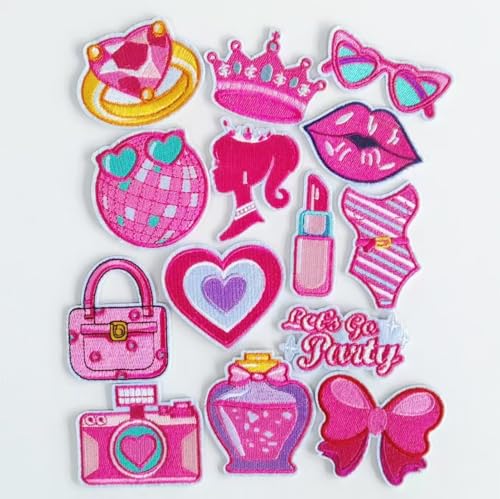 14PCS Pink Embroidered Iron On Patches Cute Patches Sew On Repair Embroidered Applique Patches for Hats Jacket Chothes Backpacks-DIY Crafts Gift for Girl