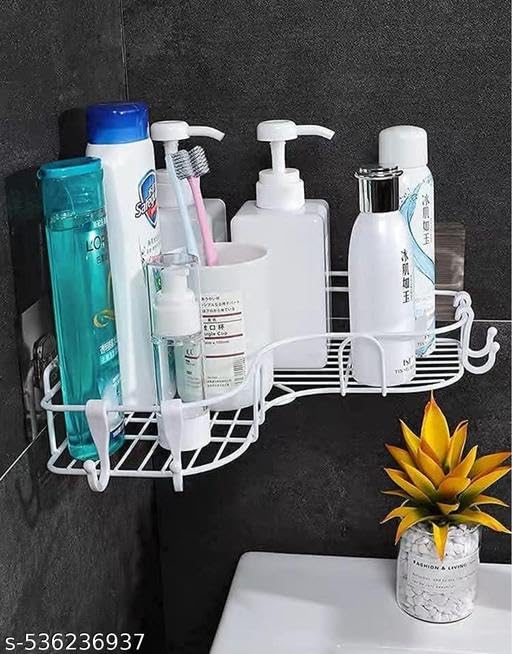 (Pack of 2 White) Wall Mounted Self-Adhesive Bathroom Corner Shelf/Kitchen Rack & Holder - Bathroom Accessories (Material-GI Metal, Powder Coated Finish, White,243629929_KP1963 3