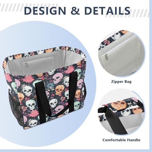 Bolaz Travel Tote Bag，Gym Bag for Men,Waterproof Beach Bag for Women Foldable Reusable-Colorful Skull Flowers54