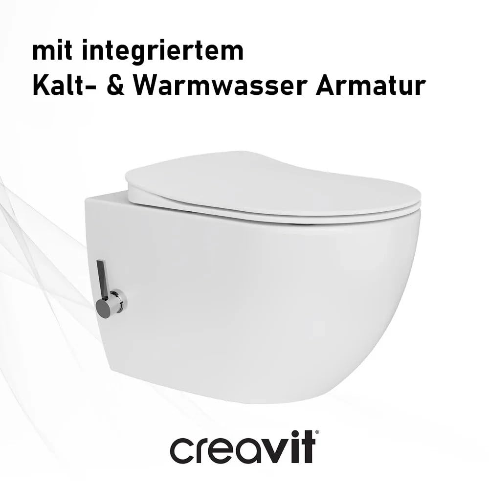 Creavit FREE Dusch WC Komplettanlage spülrandlos–Wandhängend Hänge WC/Taharet/Bidet mit Warm-/Kaltwasser oder ohne Bidet,antibakterielle Keramik (mit Bidet + Armatur Warm- & Kaltwasser)