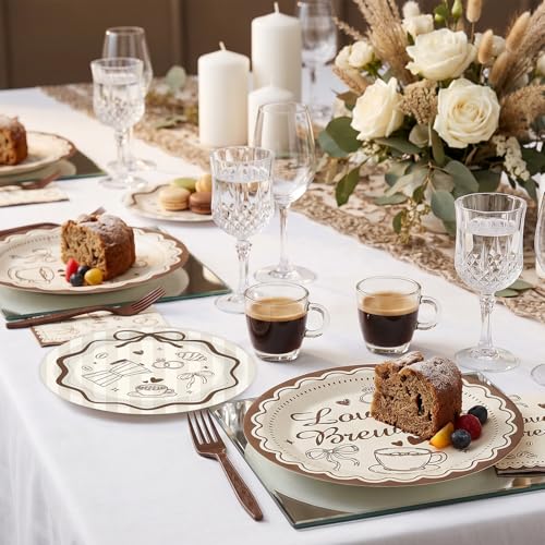 Image of 96Pcs Love Is Brewing Bridal Shower Decorations Brown Coffee Paper Plates and Napkin Love Is Brewing Party Tableware Set Bachelorette Engagement Anniversary for Wedding Serves 24 Guests