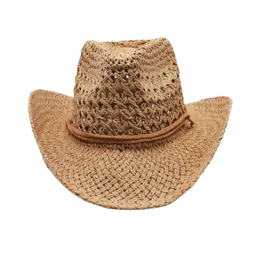 Image of Straw Cowgirl Hat for Women Cowboy Hats for Men Wide Brim Sun Hat Shapeable Western Hat Beach Hat (US, Alpha, Medium, Z-Brown)