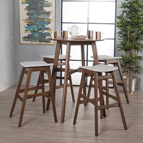 Christopher Knight Home Emmaline Circular Bar Height Dining Set, 5-Pcs Set, Natural Walnut / Light Beige