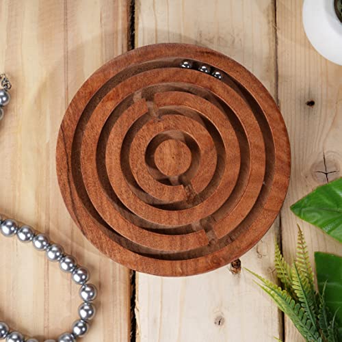Ajuny Handcrafted Indian Wooden Round Labyrinth Ball Maze Puzzle Board Game Challenging Education Game, Brain Teaser for Kids, Adults