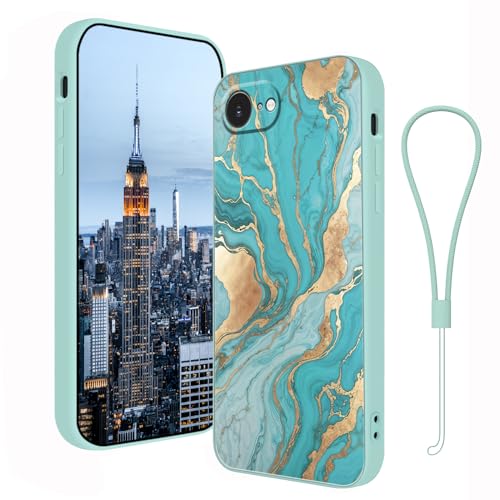 Coque silicone iPhone 16e cyan avec dragonne et motif marbre