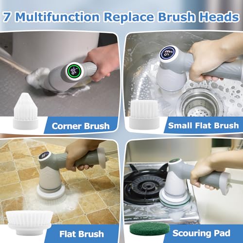 Image of DAESUNG Electric Spin Scrubber, Cordless Power Scrubber & Electric Cleaning Brush with 7 Replaceable Heads, Dual Speed IPX7 Waterproof Handheld Scrubber for Bathroom, Shower & Tile Cleaning
