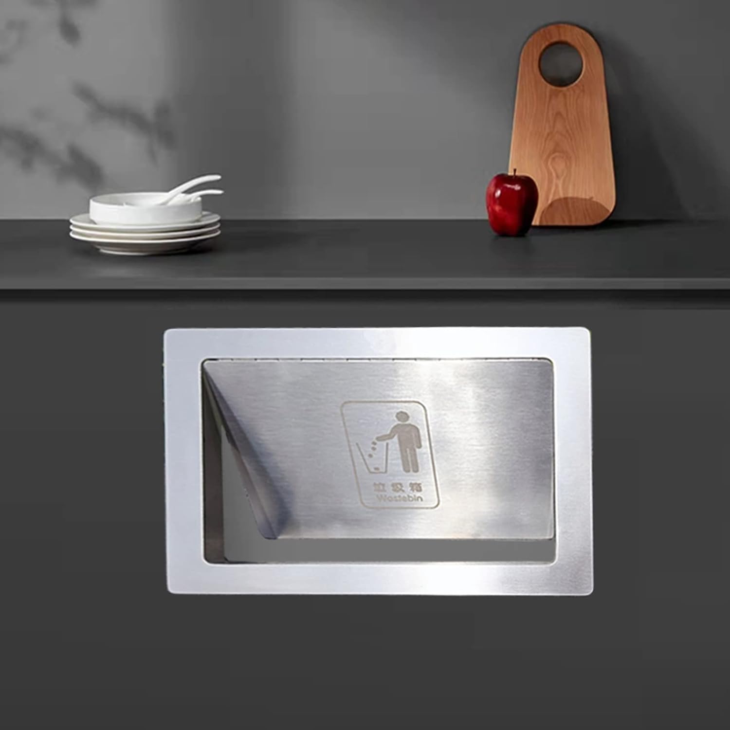 Square Trash Can Lid, Built-in Side Opening Waste Bin Cover, Brushed Surface Stainless Steel Balance Flap Cover, Anti-Fingerprint Garbage Can Lid for Kitchen, Silver,02 (03)