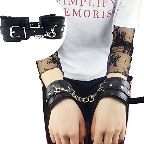 Super Soft Comfortable Leather Adjustable Handcuff Soft Fur Leather Handcuffs Multifunctional Bangle For Sex Play (Black1)