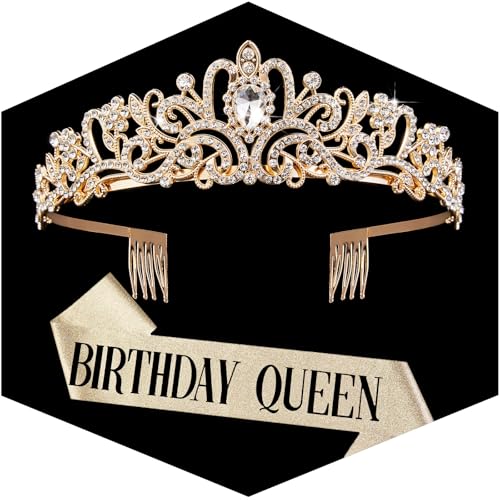 Image of Fesciory Birthday Crown for Women, Gold Plated Crystal Tiara with Sash