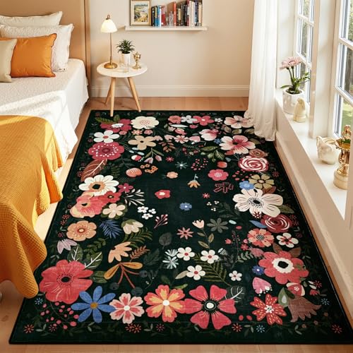 Tapete floral negro 3x5 pies bajo pelaje Vasofe miniatura 2