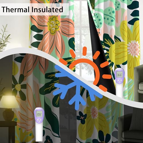 Image of Tyrot Pink Green Botanical Blackout Curtains for Bedroom,52W x 96L,2 Panels