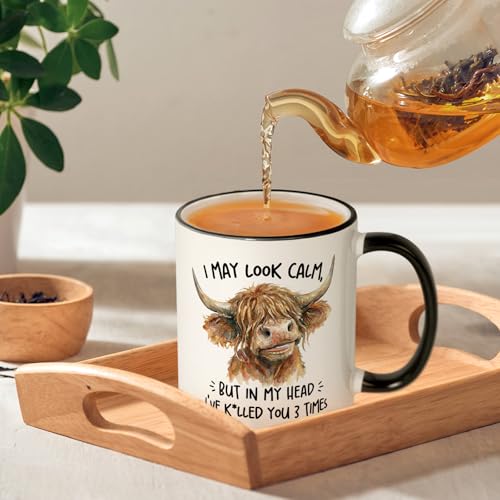 Shqiueos Funny Highland Cow Gifts Mug 11oz – I May Look Calm, Sarcastic Humor Cow Gift for Women Men, Cow Lovers, Friends, Coworkers, White Elephant Gifts, Office & Farm Decor Christmas Ceramic Cup