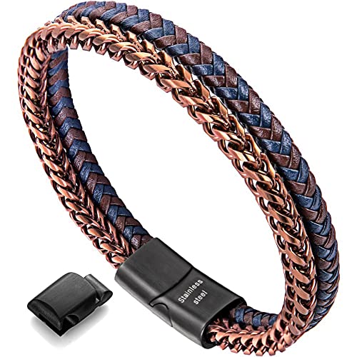 Image of Men's Leather and Steel Chain Bracelet with Clasp
