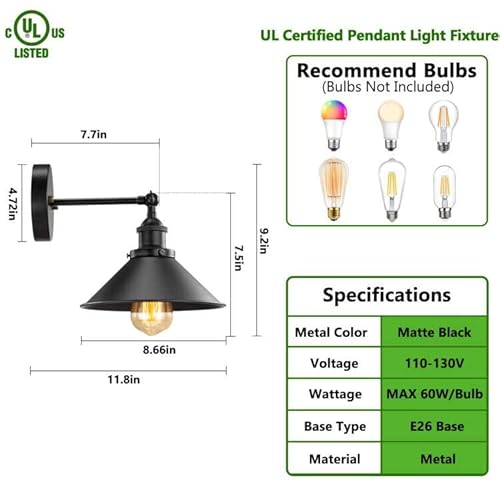 Licperron Black Wall Sconce, Industrial Vintage Wall Sconces Lighting Set Of Two For Bedroom Kitchen Bathroom, 240 Degree Adjustable Rustic Antique Gooseneck Wall Lamp, Whole Lamp Ul Approval #TOP1