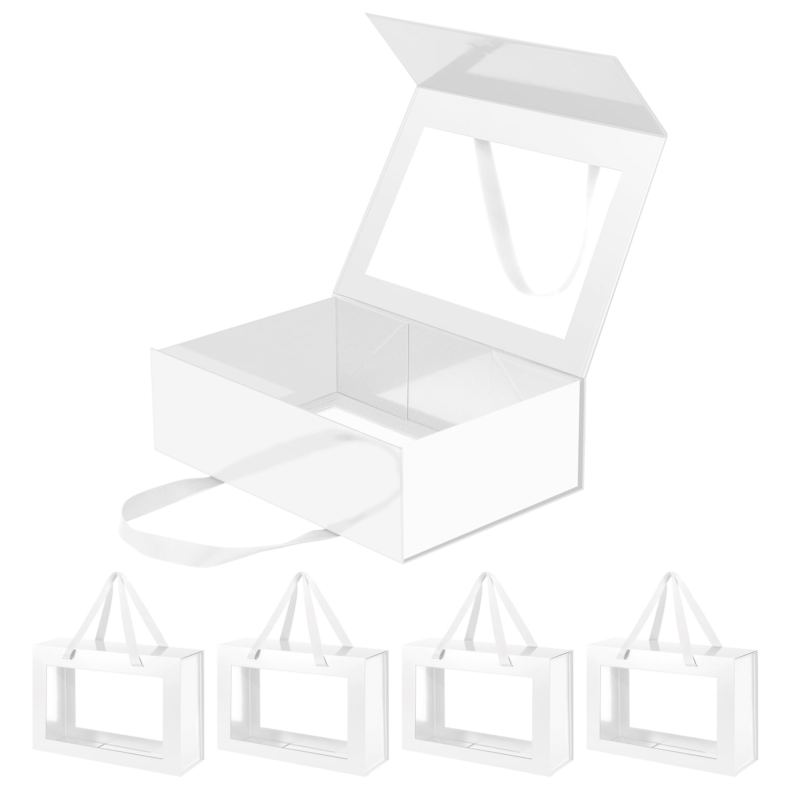 JINGUAN Große weiße transparente Geschenkboxen, 34,9 x 22,9 x 10,4 cm, Geschenkboxen mit Fenster von Griffen, für Brautjungfern, faltbare Geschenkbox mit Magnetverschluss (glänzendes Weiß, 5 Stück)