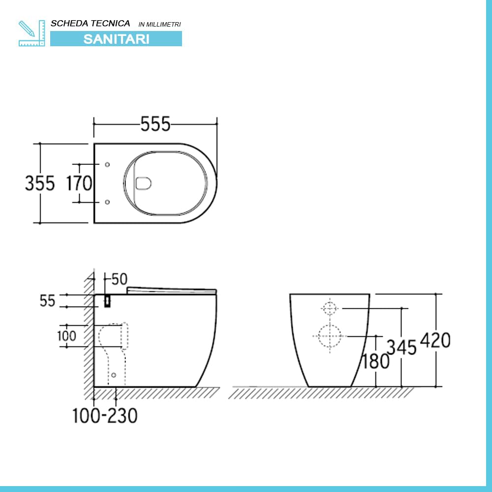 Sanitari filomuro in ceramica bianco lucido con brida e scarico traslato a parete o pavimento, sedile originale soft-close con sgancio rapido, linea FLAN