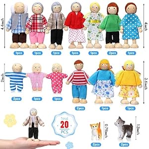 Skylety 20 Pcs Wooden Dollhouse Family Set of 16 Mini People Figures and 4 Pets, Wooden Dollhouse Dolls Family Cosplay Figures Accessories for Pretend Toy(Vivid Style) Skylety 20 Pcs Wooden Dollhouse Family Set of 16 Mini People Figures and 4 Pets Wooden Dollhouse Dolls Family Cosplay Figures Accessories for Pretend ToyVivid Style