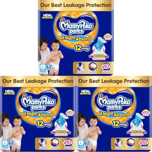 Image of New Mamypoko Pants Premium All Night Absorb| Pant Style Baby Diapers Large Size(L), 62 Count, Ideal for 9-14Kgs|1 Diaper: Upto All Night Absorption now with 10% increased power|Wider Crisscross Sheet|Gentle Coco Care| 12hr Leakage Protection| Prevents Heaviness.