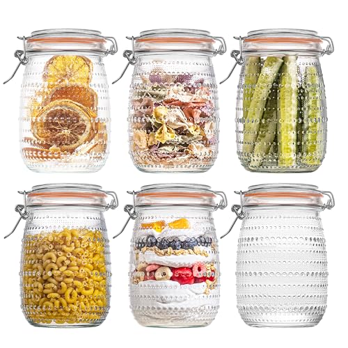 WACOI 32 Oz Glass Mason Jars with Airtight Lids 6 Pack, Wide Mouth Canning Jars with Clip Top Lids for Kitchen Storage Pickling Salad Jams Coffee Beans