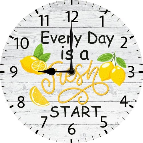 Kitchen Lemon Wall Clock Farmhouse Every Day is a Fresh Start Wooden Clock Wall Hanging Perfect Kitchen Dinning Room Decoration 10x10Inch Silent Non-Ticking Battery Operated