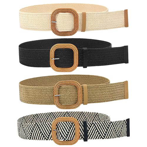 4 Pack Straw Woven Elastic Stretch Waist Belts, Boho Waist Braided Skinny Dress Belts for Women