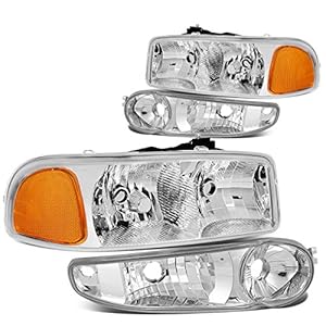 DNA Motoring HL-OH-DAN994P-CH-AM 4Pcs of Headlights+Bumper Lamp[02-06 GMC Sierra/Yukon],Chrome amber