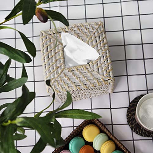 Woven Rattan Square Tissue Box Holder for Kitchen, Bathroom, Car | Decorative Wicker Refillable Facial Paper Napkin Dispenser Holder (Square Whitewash)