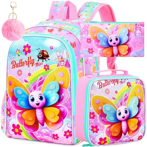 AGSDON 3PCS Girls Butterfly Backpack, 16