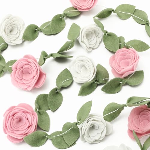 FYSUIMU Spring Flower Felt Garland Banner Roses Floral Hanging Garland 2 Sizes Pink White Flower Garden Party Banners for Birthday Wedding Baby Shower Home Decorations