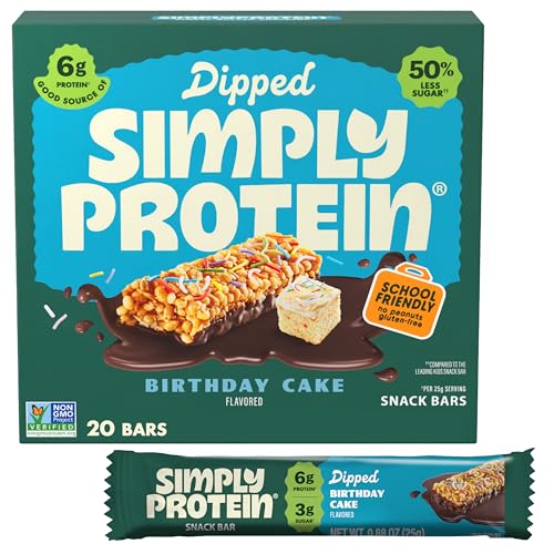 Simply Protein - Birthday Cake Dipped Bars, 20 Count - Plant Based Protein Snack Bars - Snacks for Kids - 6g Protein, 3g Sugar, & 100 Calories - Vegan, Gluten Free, Non GMO, & Kosher - 4 Boxes