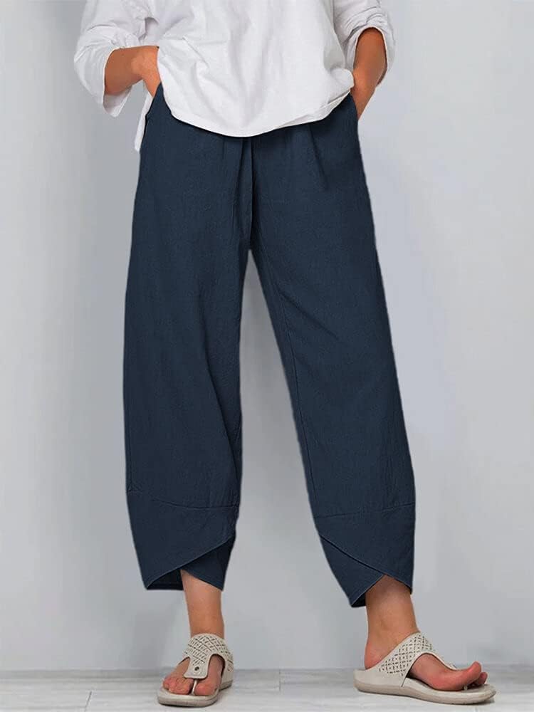 Capris Pants for Womens Cotton Linen Wide Leg Plus Size Cropped Pants Print Comfy Elastic Waist Sweatpants - Image 2