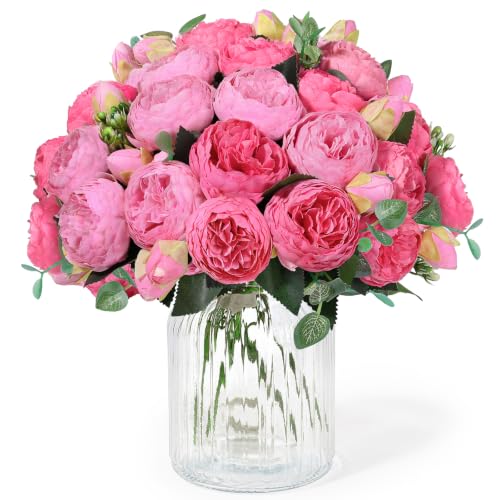 DEEMEI 4 Bundles Peonies Artificial Flowers, Fake Silk Peonies Bouquet of Flowers for Home Decor Faux Floral Table Centerpieces for Kitchen Bathroom Wedding Party Decor(Rose Red+Pink)