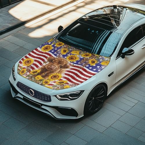 Image of Car Hood Cover,Cow and Sunflower All Weather Comfortable Car Hood Cover Protector Suitable Most Automotive Sedans Trucks Pickup Sports Cars for Outdoor