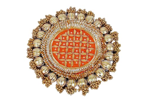 Image of Handmade Gota Patti Work Plate, Table Decor & Base for Statue, Gods, Plant, Craftsmanship with Golden Moti Detailing, Gift for Diwali, Birthday, Housewarming (Size 9 inch)
