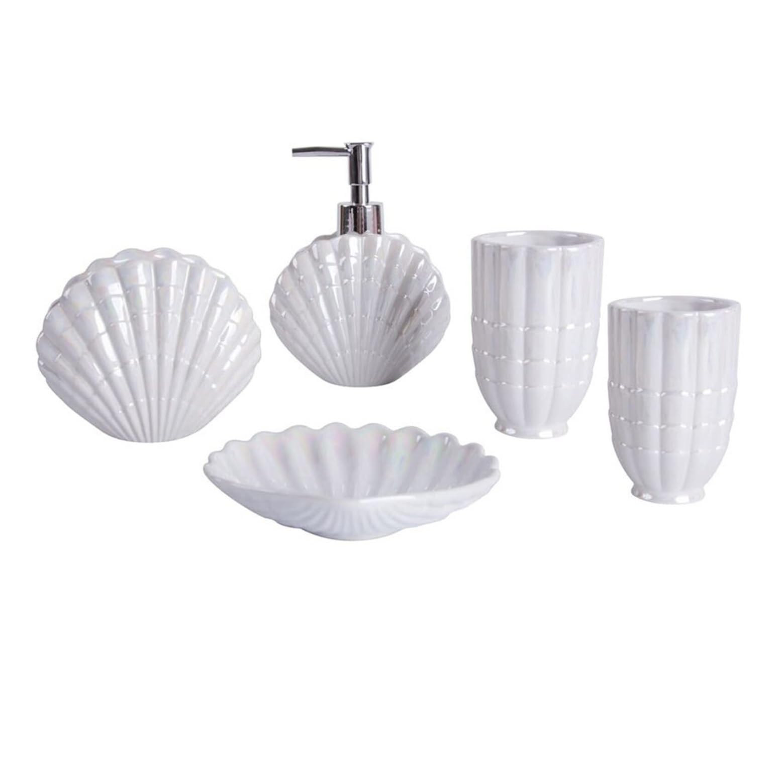Badezimmer Set 5er-Pack Muschelförmige Badezimmer-Accessoires-Set Aus Keramik Für Badezimmer, Waschtischplatte Mit Lotionspender Dekoration Organizer