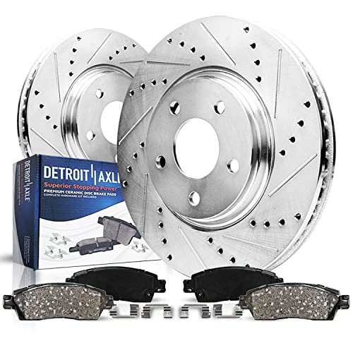 Image of Detroit Axle - 4pc Front Brake Kit for 2018 2019 2020 2021 Subaru WRX STI, Drilled and Slotted Disc Brake Rotors Ceramic Brakes Pads w /Hardware Replacement: 13.39 inch inch Rotor