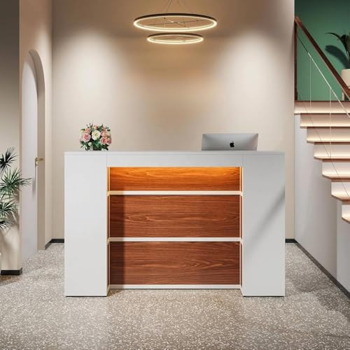 Image of TEKAVO Elite Reception Table for Office, Shop, Clinic, Showroom | Front Desk for Office | White & Brown Wood | 160 x 60 x 110 CM | DIY Assembly