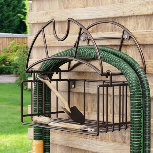 WAYPIN SION Support mural pour tuyau d'arrosage, support mural en métal robuste avec panier de rangement pour outils, supports de tuyau d'extérieur pour...