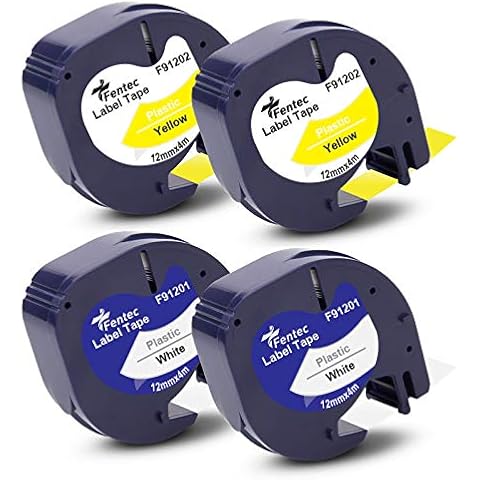 Fentec White/Yellow Compatible Label Tape Replacement for Plastic Tape 91201 S0721610 91202 S0721620 for S0883980 LetraTag LT-100H 100T 100-H LT-110T QX-50 XR XM 2000, 12mm x 4m 4pk Cover