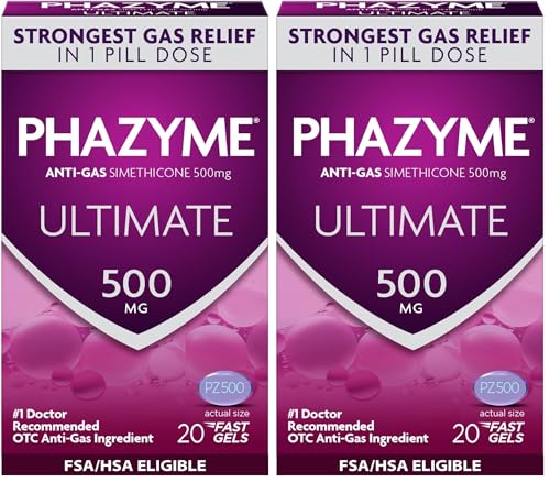 Image of Phazyme Ultimate Strength Anti-Gas 500 mg Simethicone Gas Relief for Adults, Fast Gels Quickly Ease Bloating, Pressure and Discomfort, 20 Count (Pack of 2)