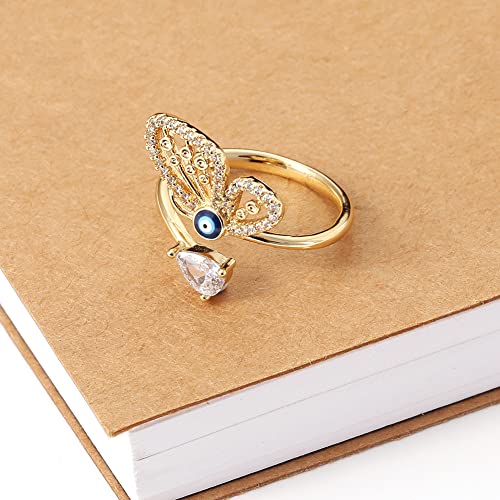 Kirnusino Evil Eye Adjustable Rings For Women Finger Rings Cz Stacking Rings 14K Gold Plated Gifts For Women Girls Valentines Day Birthday Mothers Day Anniversary Christmas-Butterfly #TOP5