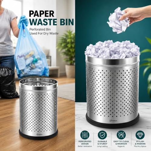 Image of mofna Stainless Steel Perforated Silver Dustbin for Home, Trash Can with Anti-skid Base, Garbage Bin for Bathroom, Office, Kitchen Commercial Use- (8x12 In -10 Liter, Pack of 2)